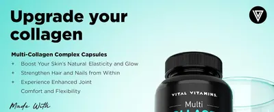 Showcases multiple distinct health and beauty benefits of the collagen supplement in a bulleted list format to help shoppers understand the comprehensive value proposition.