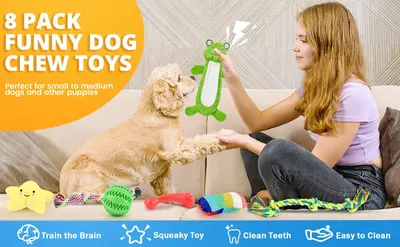 Showcases multiple benefits of the dog chew toys in a visually segmented layout with icons at the bottom, highlighting brain training, squeaky features, teeth cleaning, and easy cleaning to help…