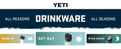 Demonstrates the versatility of YETI drinkware by showing three distinct usage occasions throughout the day, helping shoppers understand the product works for all their beverage needs across…