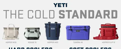 Displays the YETI product lineup to help shoppers understand the brand's range of cooler options and reinforce YETI's premium positioning as the cold standard.