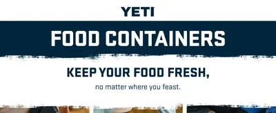 Introduces the YETI food containers product line and communicates the core benefit of keeping food fresh in any setting, reinforcing brand presence and product category. Highlights the primary…