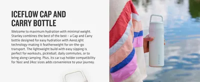 Communicates the product's lightweight construction and portability benefit, emphasizing easy hydration for on-the-go activities like workouts, commutes, and camping. Shows the product in a…
