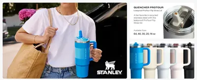Displays the full product lineup with available sizes and color options to help shoppers choose the right variant while reinforcing the Stanley brand identity.