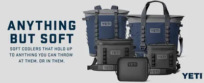 Showcases the YETI soft cooler product lineup with brand messaging emphasizing durability and versatility, helping shoppers understand the range of options available. Communicates the key benefit…