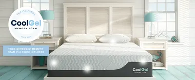 Establishes brand identity and recognition by prominently displaying the CoolGel Memory Foam logo and branding to build trust and awareness with shoppers. Shows the mattress in a beautifully styled…