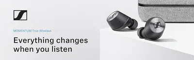 Uses the Sennheiser logo and the tagline Everything changes when you listen to build brand identity and emotional trust.