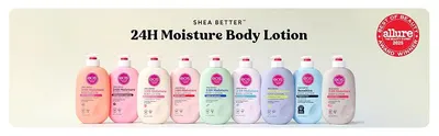 Shows the full 24H Moisture lotion range side by side to reinforce brand breadth and a Best of Beauty award for trust.
