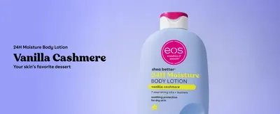 Presents one core message, 24H moisture with a dessert-like vanilla scent, so shoppers quickly grasp the lotion's main appeal.