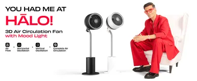 Shows that the HALO fan combines airflow, horizontal oscillation, and vertical oscillation to deliver complete 3D air circulation, with a mood light feature adding style. Helps shoppers quickly…
