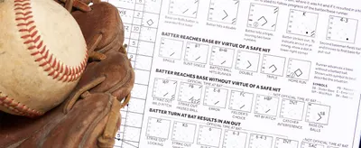 Explains how to read and record baseball scorebook notation so fans can follow each batter and runner's progress. Shows the meaning of each symbol for hits, outs, and base advancement. Displays…