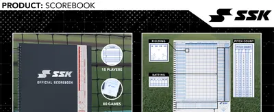 Shows the SSK scorebook key features in segmented callouts so shoppers can quickly see player capacity, game capacity, and scoring sections. Confirms the book is complete and organized for official…