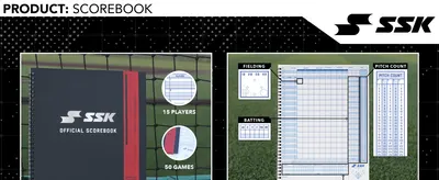 Shows the internal scorebook pages and their zoomed sections so shoppers can see exactly what fielding, batting, and pitch count areas are included. Callouts for 15 players and 50 games reassure…