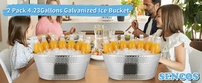 Shows the galvanized ice buckets in a relaxed family dining setting filled with chilled juice bottles to help shoppers envision using them for entertaining and everyday serving.