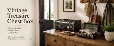 Shows the vintage treasure chest boxes styled naturally on a wooden dresser in a warm entryway to help shoppers envision them as decorative storage in their own home. Presents the product with a…