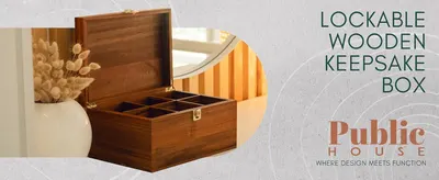 Presents the Public House brand with its logo and tagline Where Design Meets Function to build brand identity and trust alongside the lockable wooden keepsake box. Shows the wooden keepsake box…
