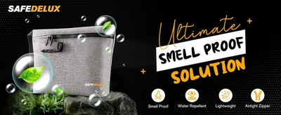 Highlights four key selling points of the smell proof bag in a segmented icon row so shoppers quickly see its odor control, water resistance, light weight, and airtight zipper benefits. Places the…