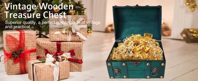 Shows the vintage wooden chest filled with gold jewelry beside wrapped gifts in a festive home setting to help shoppers envision it as a decorative keepsake or gift. Text overlay claims superior…