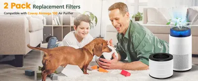 Shows the replacement filters work with Coway Airmega 100 purifiers and fit family home environments with kids and pets. Reassures shoppers of compatibility and everyday household use. Highlights…