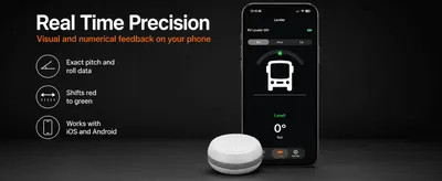 Highlights three key benefits of the RV leveler app: precise pitch and roll readings, a color shift from red to green when level, and compatibility with both iOS and Android phones. Helps shoppers…