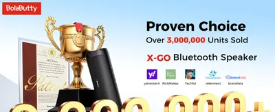 Builds brand credibility by pairing a trophy, patent certificate, and 3,000,000+ units sold claim with third-party media logos to reassure shoppers that BolaButty is a trusted leader. Shows the X-GO…