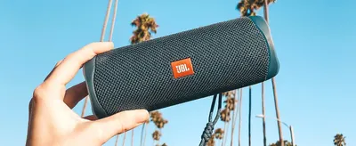 Shows the speaker held outdoors against a sunny blue sky and palm trees to help shoppers picture taking it on beach trips and outdoor adventures.