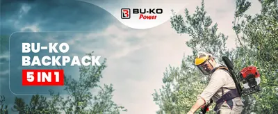 Shows the BU-KO backpack 5 in 1 power unit being used in outdoor garden work to communicate that one unit serves multiple tasks. Shoppers are reassured it handles varied yard jobs. Presents the…