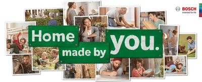Positions the brand around the tagline Home made by you and celebrates everyday people creating their own homes to build emotional connection and trust in the Bosch brand. Shows a collage of people…