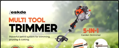 Highlights the multi-tool trimmer as a 5-in-1 garden tool with a powerful petrol engine and attachments so shoppers see its versatility and quality at a glance. Uses quality badges to reassure…