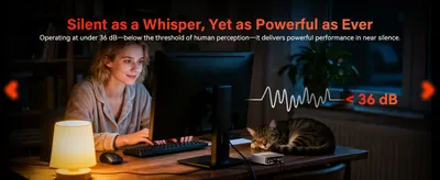 Shows the mini PC running under 36 dB in a quiet home office so shoppers know it will not disturb them during work. Places the device in a relaxed home workspace setting to help shoppers picture it…