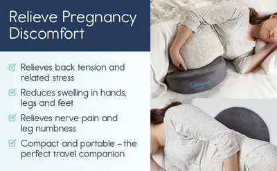 Lists four distinct pregnancy comfort benefits in a segmented checklist so shoppers quickly see how the pillow relieves back tension, swelling, nerve pain, and is easy to travel with. Shows a…