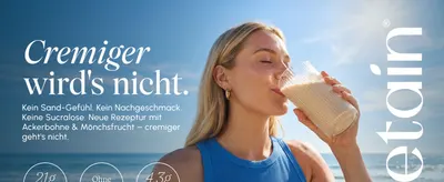 Shows a woman enjoying the drink outdoors by the sea to help shoppers picture it as part of an active everyday lifestyle. Positions the new recipe as creamier and cleaner than alternatives by…
