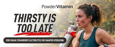 Shows the product in a real outdoor fitness setting to help shoppers envision using it during workouts. Headline and benefit line overlay add a clear hydration message.