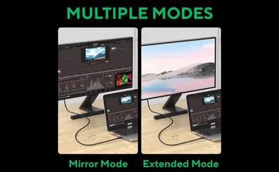 Shows two display modes side by side so shoppers understand the cable can mirror or extend a laptop screen to an external monitor. Demonstrates the product in a laptop to monitor setup for video…
