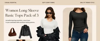 Shows the long sleeve tops styled with leather jackets and bags in real-world outfits to help shoppers envision versatile everyday wardrobe use.