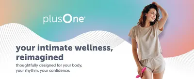 Positions the plusOne brand around intimate wellness with the slogan your intimate wellness reimagined to build brand trust and emotional connection with shoppers. Shows a relaxed, confident woman…