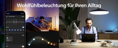 Shows smart lights creating a comfortable everyday atmosphere with app-based automation and daylight-style schedules to support wellbeing. Shows the lights in real bedroom and office settings to…