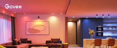 Establishes Govee branding while showing smart lighting transforming a living room and kitchen with rich color, building brand recognition and trust with shoppers. Shows the product in a real home…