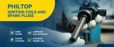 Highlights four key benefits of PHILTOP ignition coils and spark plugs in a segmented icon grid so shoppers quickly see the performance gains they can expect. Shows a gloved technician handling an…