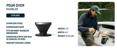 Highlights multiple product features including compatibility with other drinkware and sizing details to help shoppers understand the versatility and specifications of the Pour Over accessory.