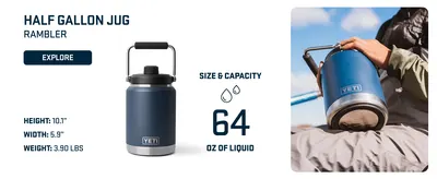 Communicates the exact physical size and liquid capacity of the half gallon jug to help shoppers understand the product dimensions and volume. Highlights the 64 oz liquid capacity as a key…