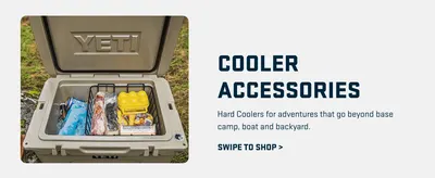 Introduces the cooler accessories product category and communicates the brands rugged outdoor positioning for adventures beyond typical use cases.