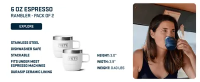 Showcases multiple product features and specifications in a visually organized layout to help shoppers understand key selling points and dimensions of the 6 oz Espresso cups.