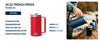Highlights multiple product features and specifications in an organized layout to help shoppers quickly understand key benefits and dimensions of the 34 oz French Press.