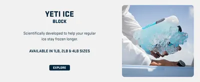 Highlights the YETI Ice Block accessory designed to keep ice frozen longer, reassuring shoppers about enhanced cooling performance and available size options.
