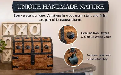 Highlights the handmade craftsmanship and specific physical components of the wooden chest, including iron details and antique lock, to communicate quality and authenticity. Reassures shoppers that…