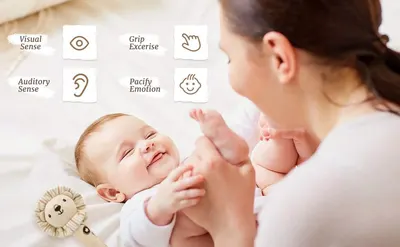 Highlights multiple developmental benefits of the product through a segmented icon layout, helping parents understand how the product supports their baby's sensory and emotional development.