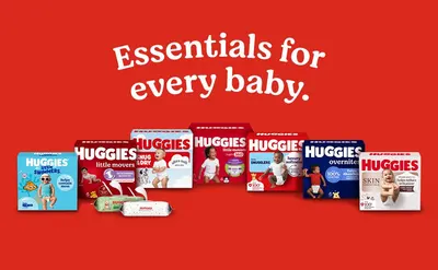 Showcases the full range of Huggies products available to help shoppers understand the brand's complete offering for babies and build brand trust.