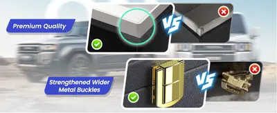 Demonstrates the superiority of this product's construction quality and metal buckles compared to generic or competing alternatives, using visual checkmarks and X marks to reinforce the advantage.