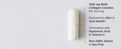 Communicates multiple key product benefits and specifications in a visually organized callout format to help shoppers quickly understand the collagen supplement's dosage, health benefits, key…