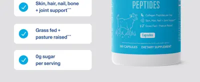 Highlights multiple key product benefits in a segmented layout to quickly communicate the supplements health support claims, sourcing quality, and dietary attributes.
